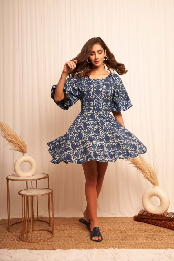 Indigo Block Print Short Dress — Western Era