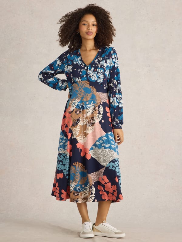 Navy Multi Printed Jersey Fit and Flare Midi Dress — White Stuff