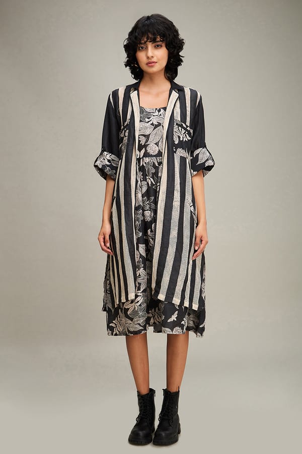 Black Ahyana Printed Long Dress And Jacket — SOUP by Sougat Paul