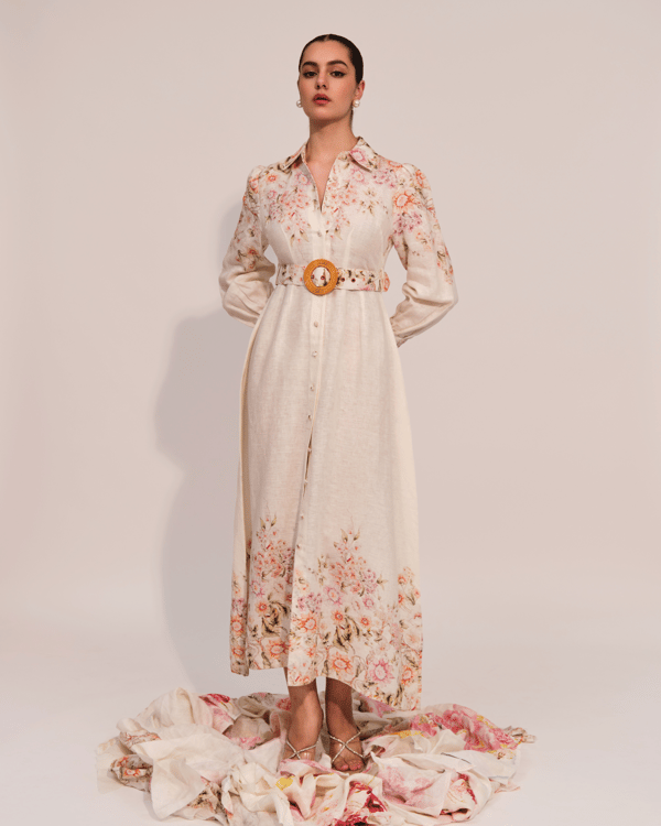 Apricot Floral Linen Belted Midi Shirt Dress — Prink Tonic