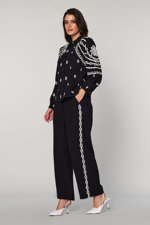 Black Wide-Leg Embroidered Side Panel Trousers — Style Island