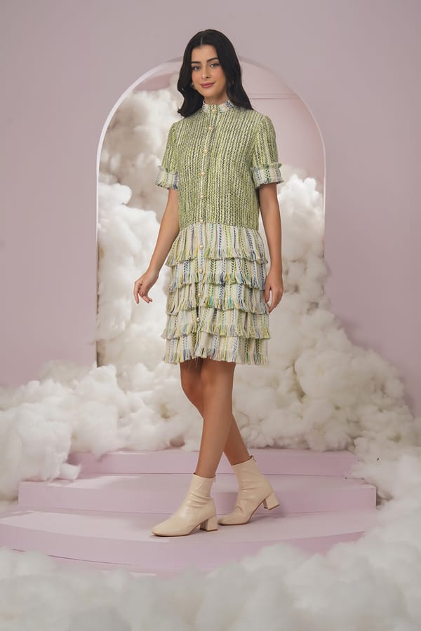 Green Tweed-Texture Tiered Mini Dress with Button Front — Chöjé