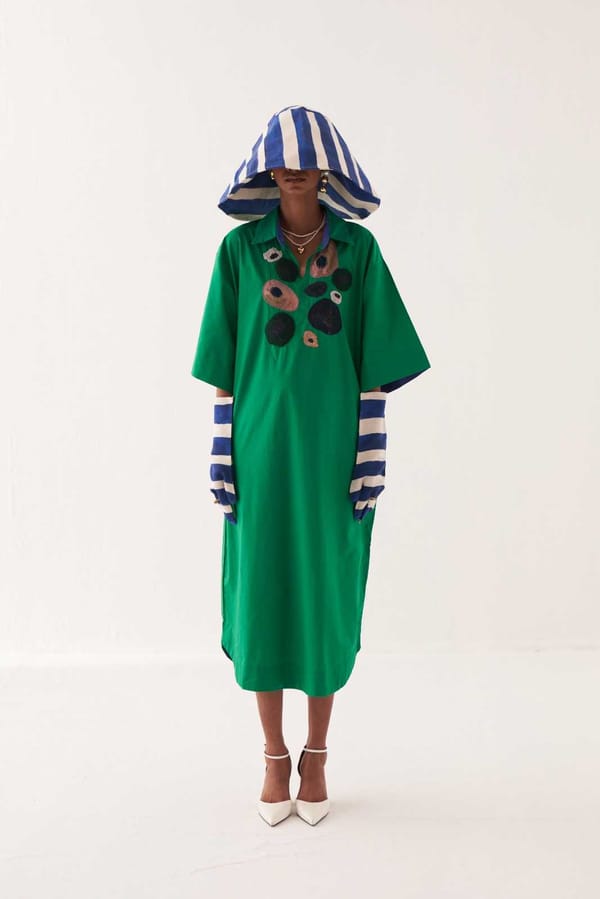 Emerald Green Applique Anti-Fit Collared Midi Dress — Ofrida