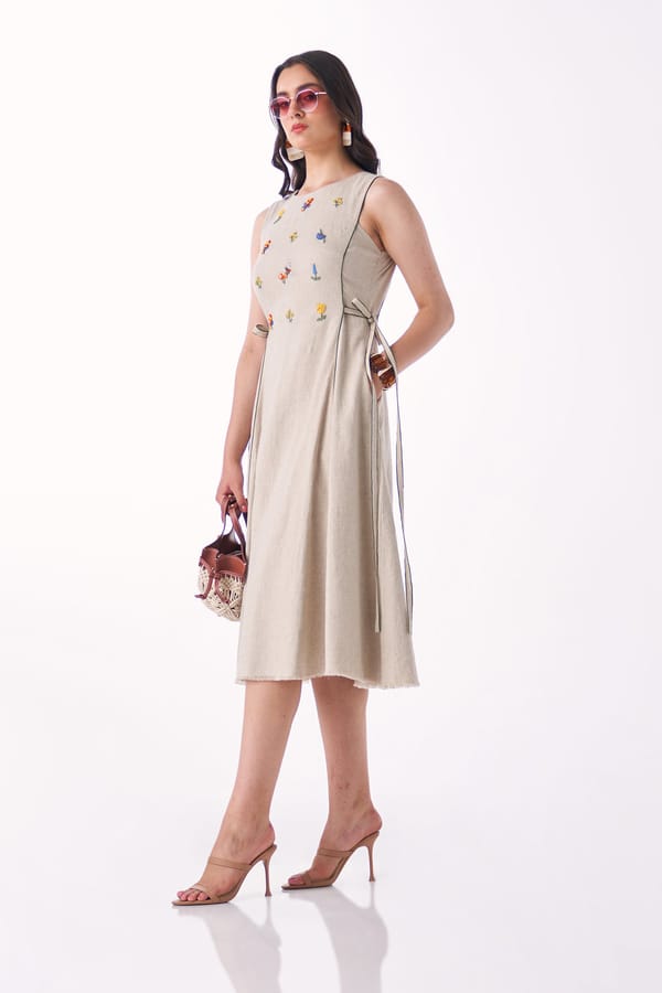 Neutral Cotton-Linen Fit and Flare Embroidered Midi Dress — Our Love