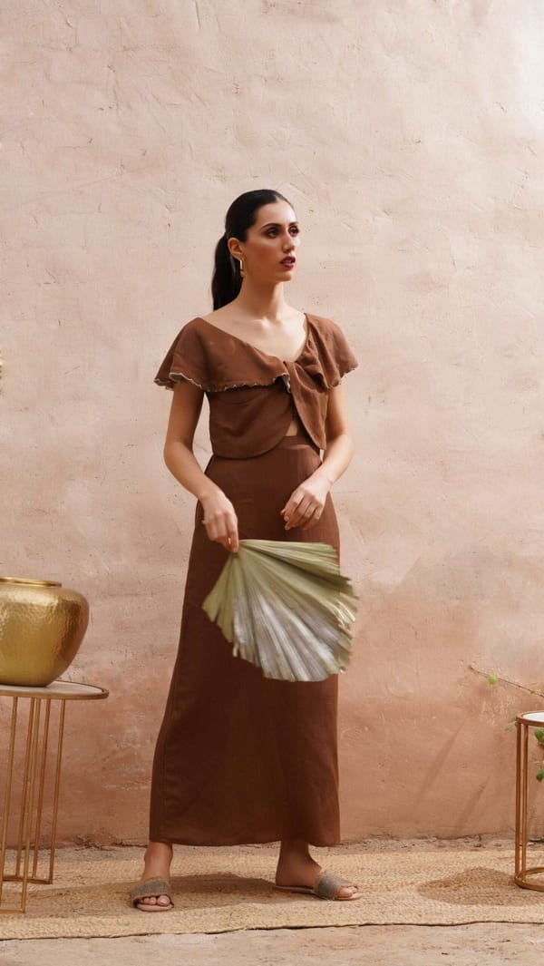 Scalloped Embroidery Brown Long Dress — Western Era
