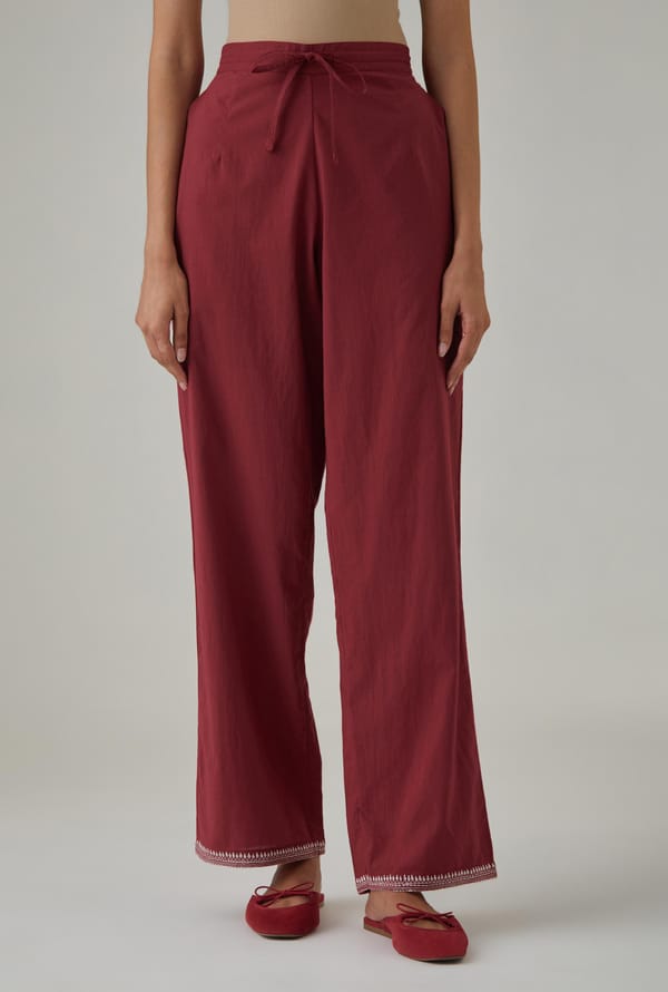 Cotton Straight Pants With Hem Embroidery — Upavita