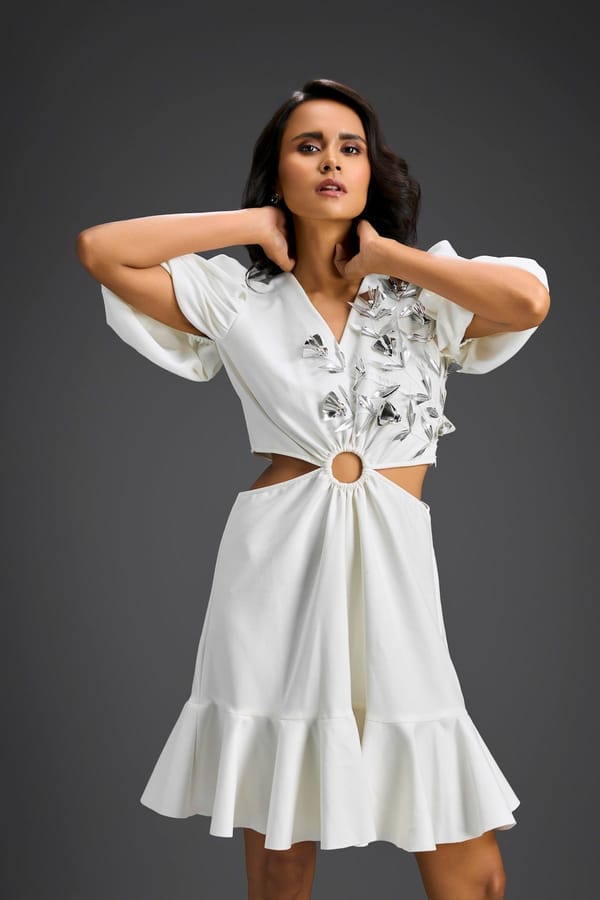 White V-Neck Cut-Out Embroidered Dress — Deepika Arora