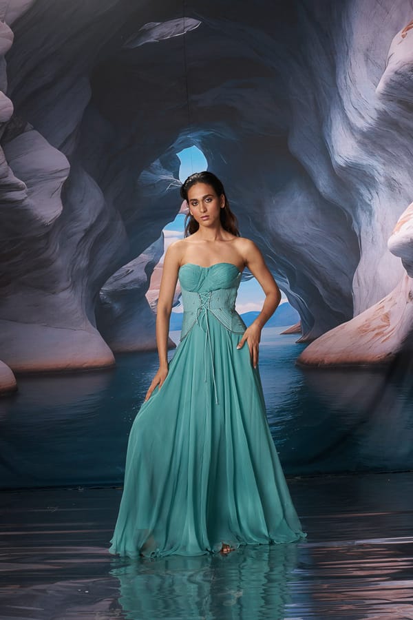 Retro Blue Chiffon Corset Maxi Gown — AMRTA BY GUNEET KONDAL