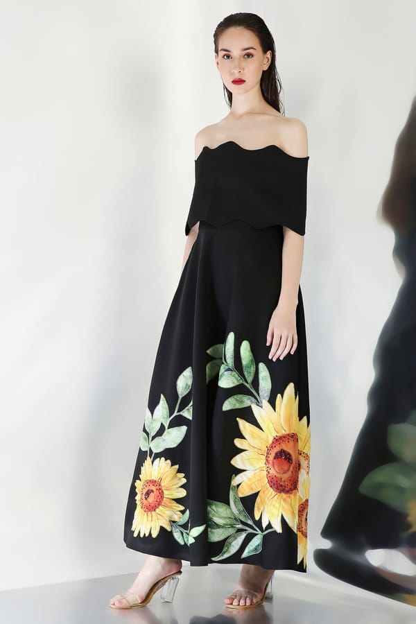 Black Neoprene Maxi Dress with Sunflower Applique — OZEQO