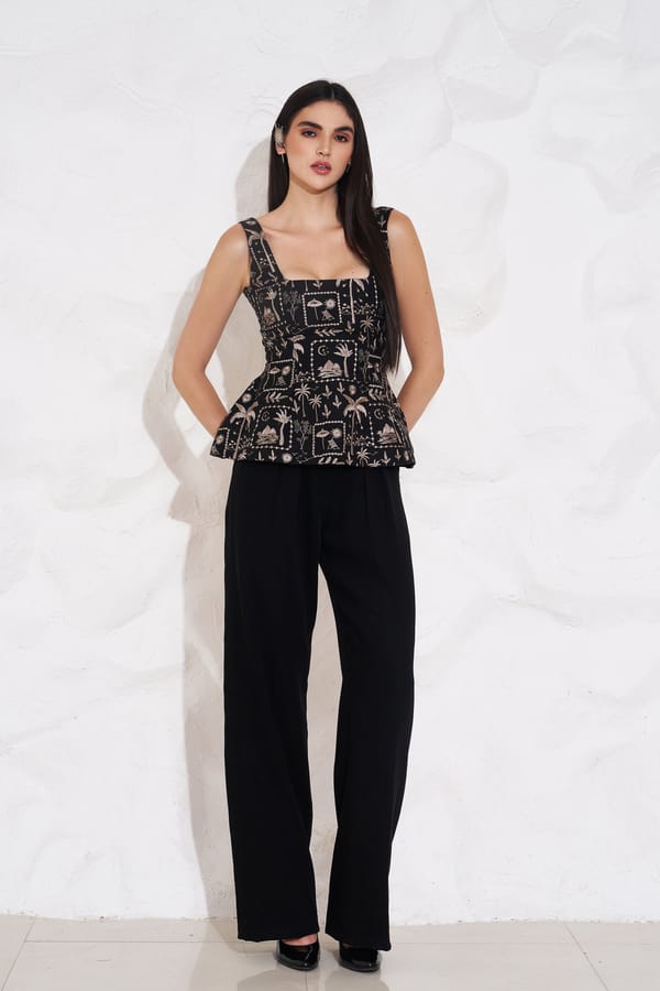 Black Embroidered Peplum Top and Straight Pants Co-ord Set — Torqadorn