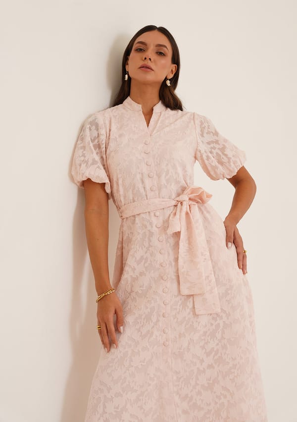 Baby Pink Textured Button-Front Midi Dress with Belt — AMOSHI