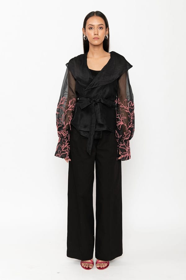 Black Silk Organza Wrap Top with Embroidered Balloon Sleeves — Contemponari