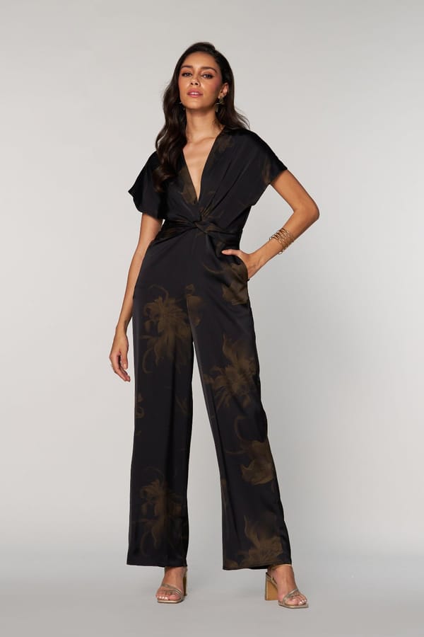 Black Satin Tonal Floral Wide-Leg Jumpsuit — Style Island
