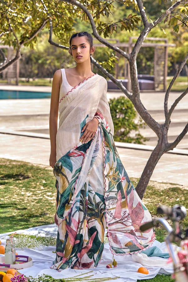 Off-White Printed Linen Saree with Botanical Pallu — YELL
