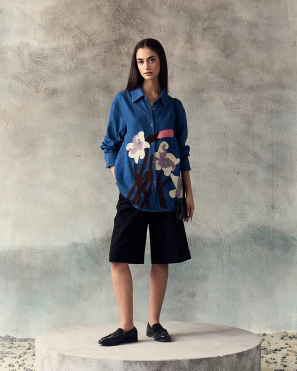 Dark Blue Denim Button-Down Shirt with Floral Appliqué — Aruni
