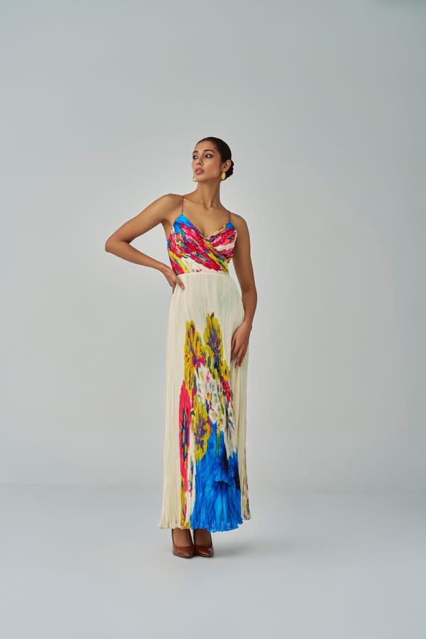 Ivory/Multi Printed Chiffon Micro-Pleated Maxi Dress — Saaksha and Kinni