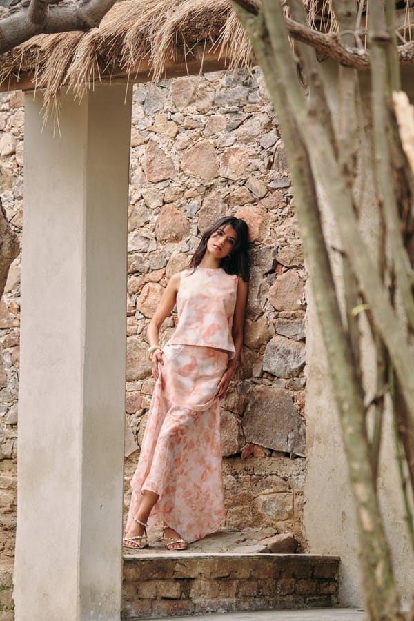 Peach Abstract Print Top and Handkerchief Maxi Skirt Co-ord Set — Contemponari