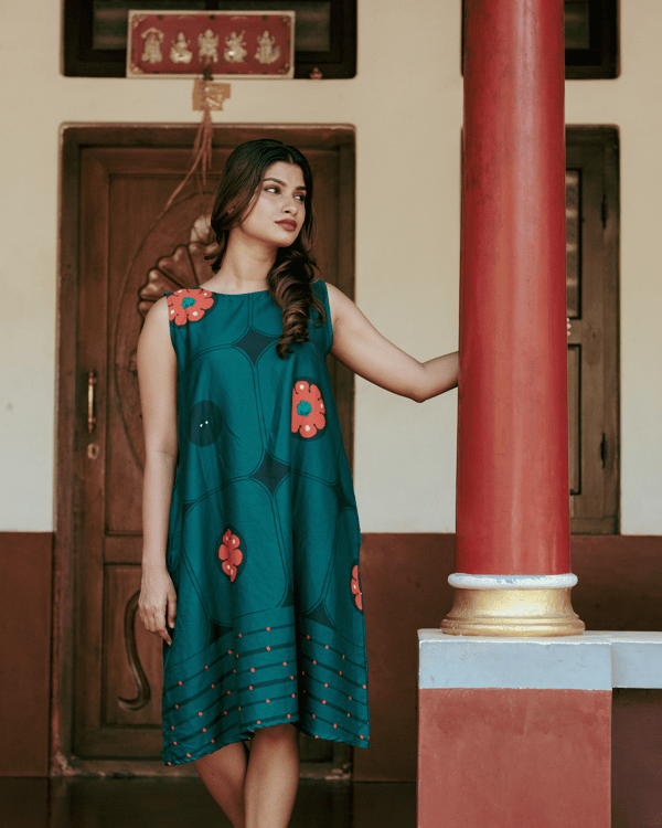 Green Floral Printed Cotton Satin Shift Dress — House of Urmi