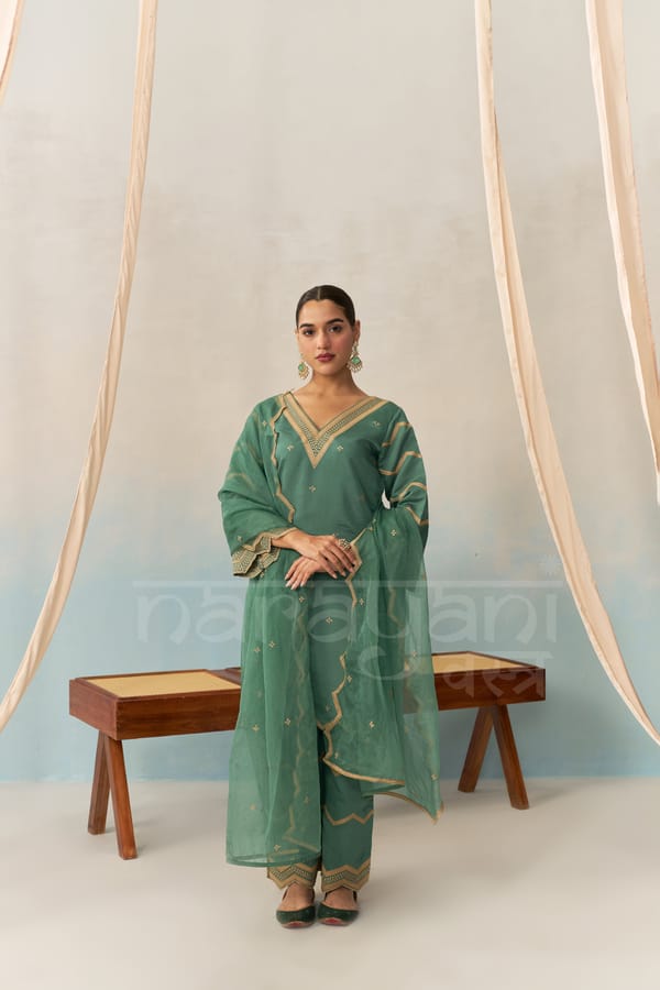 KAIRA - Emerald Green Chanderi Suit Set — NARAYANI VASTRA