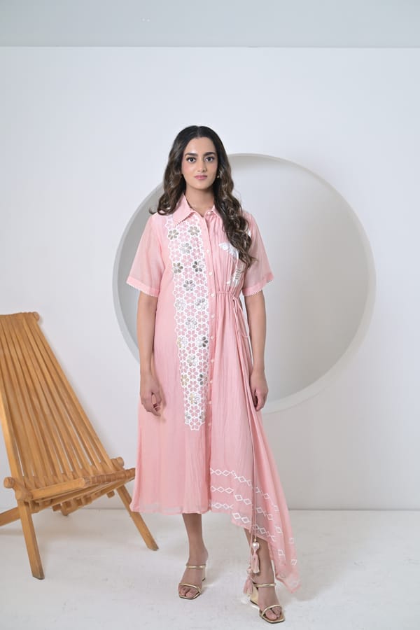 Powder Pink Chanderi Embroidered Midi Shirt Dress — RUCHIKA MALLIKA LABEL