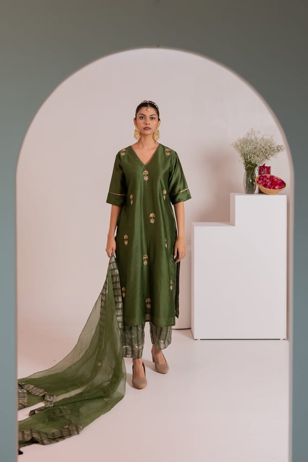 Olive Green Chanderi V-Neck Embroidered Straight Kurta — Silai studio
