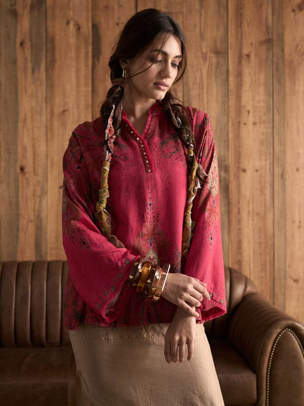 Pink Printed Mandarin Collar Top with Bell Sleeves — SAUNDH