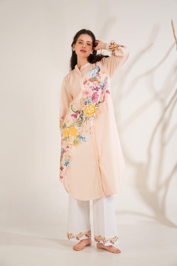 Peach Floral Printed Straight Kurta Set with Trousers — Moh India