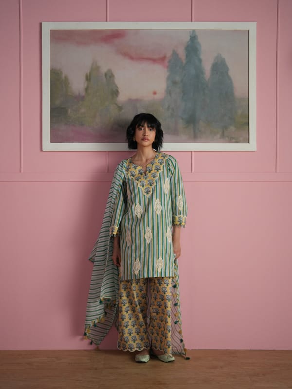 STRIPED FRONT YOKE KURTA WITH YELLOW FLORA PRINT WIDE-LEGGED PANTS AND DUPATTA — TASHA INDIA