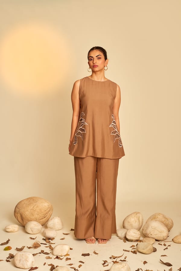 Brown Roman Silk Cutwork Co-ord Set with Wide-Leg Pants — An'era by Asmita Verma