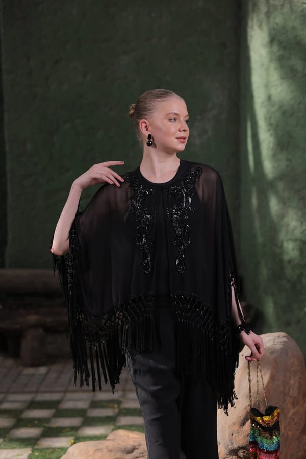 Black Beaded Fringe Cape — EDITION II