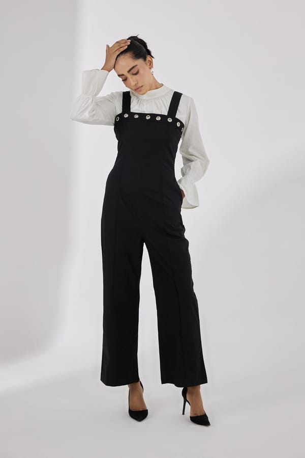 Black Poplin Dungaree-Style Straight-Leg Jumpsuit — AAMILI