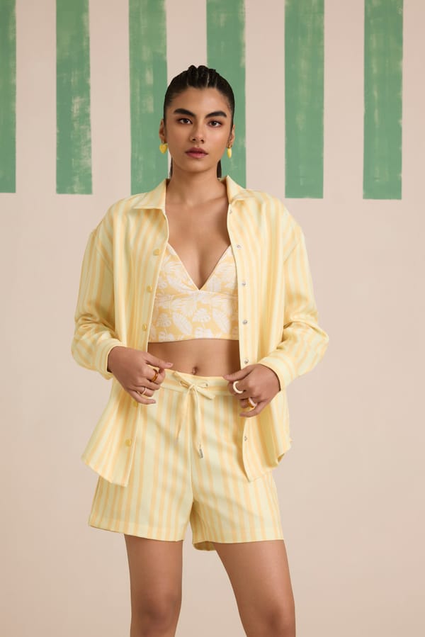 Butter Yellow 3-Piece Striped Shirt and Shorts Co-ord Set — Muvazo
