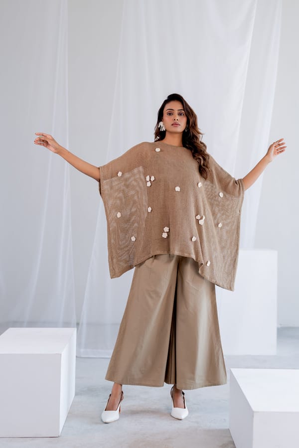 Beige Cotton Mesh Kaftan Top with Crochet Flower Detail — Silai studio