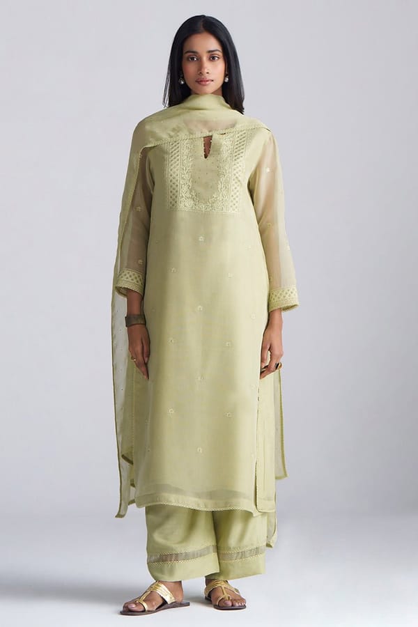 Pista Milk Sheer Kora Silk Embroidered Kurta Set — Ganga Fashions Pvt Ltd