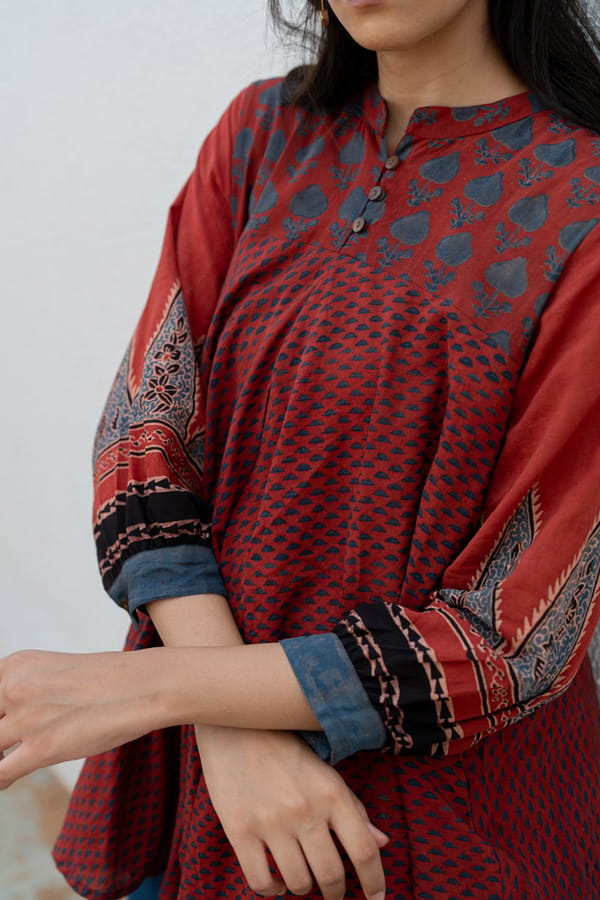 Red Block Print Cotton Bias-Cut Tunic Top — Vraj Bhoomi