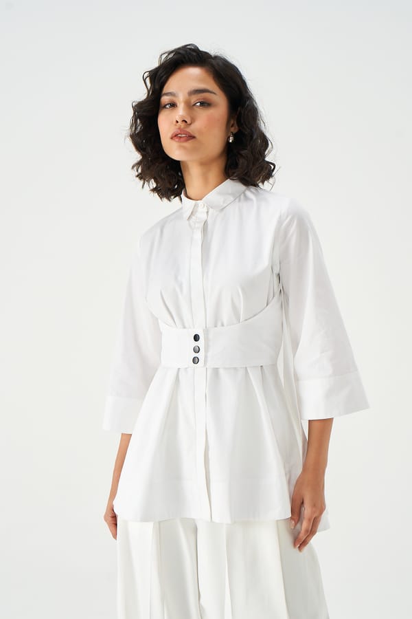 White Oversized Tunic Shirt with Corset Waist Detail — NOTEBOOK