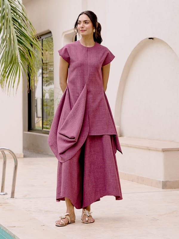 Purple Asymmetric Drape Tunic and Wide-Leg Pants Co-ord Set — HOUSE OF FETT