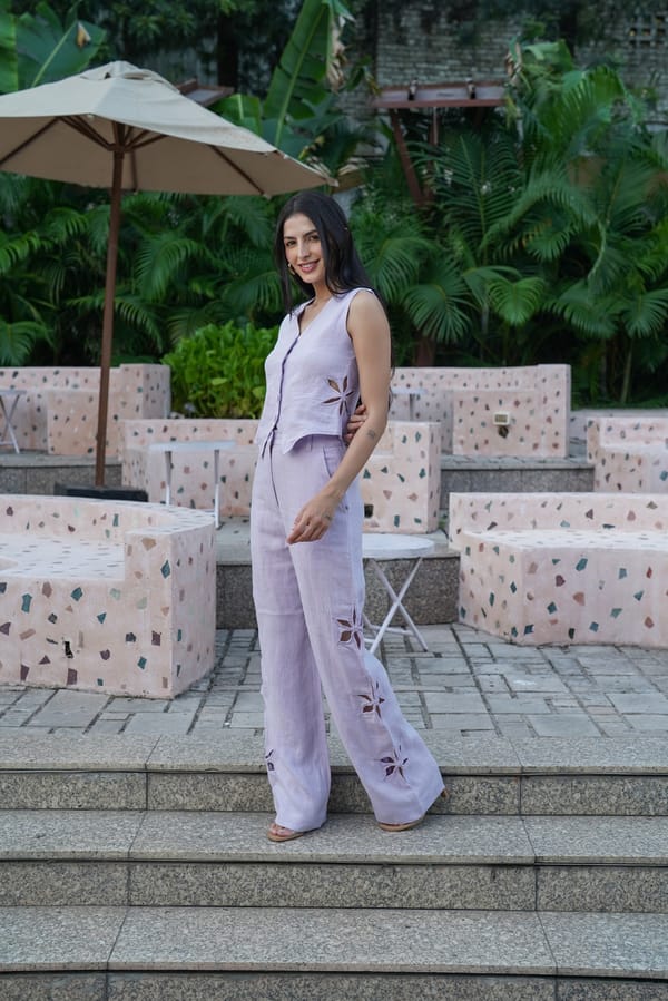Lilac Linen High-Rise Straight-Leg Pants with Cutwork — Akirah