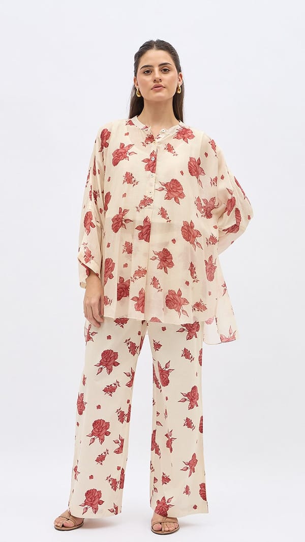 Red Flower Namah Tunic With Same Print Pants — SHIVANI BHARGAVA
