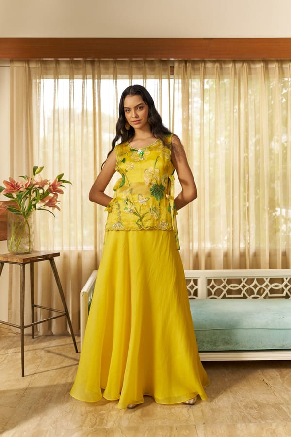 Yellow Embroidered Bib Overlay Maxi Skirt Co-ord Set — SURABHI ARYA