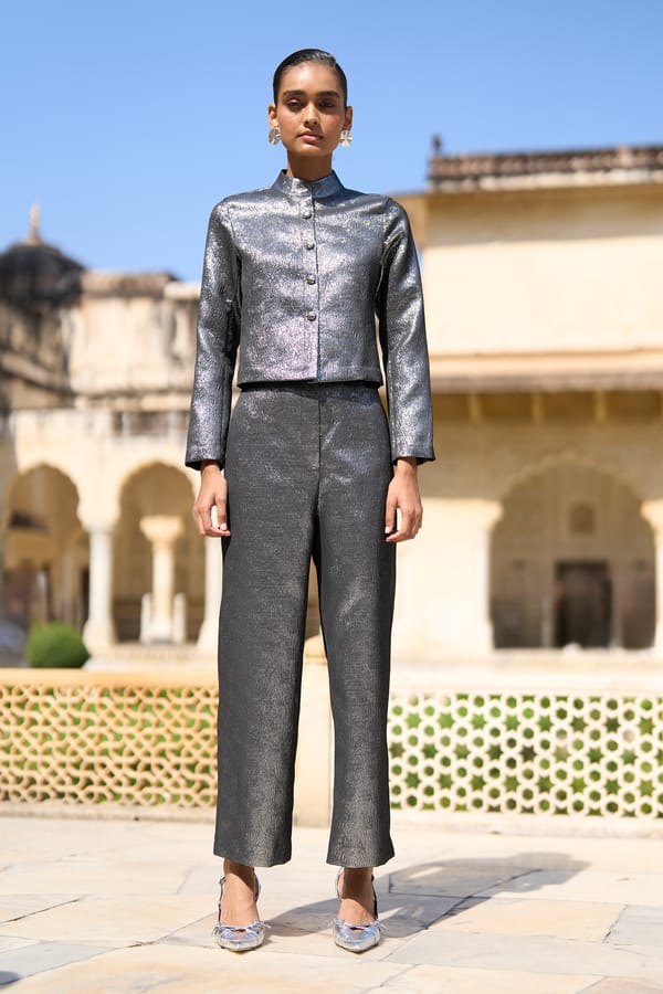 Dark Silver Metallic Button-Down Structured Top — Dash and Dot