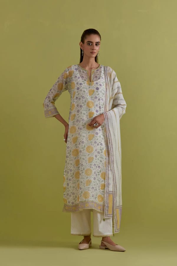 Off White Block Printed Straight Kurta Set — Upavita