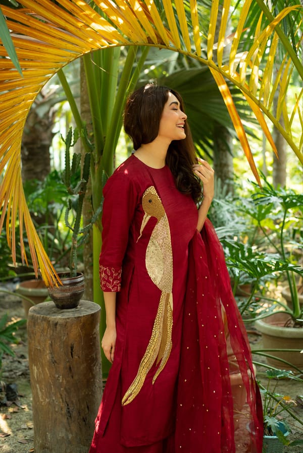 Maroon A-Line Embroidered Kurta Set with Dupatta — SHRISTICHETANI