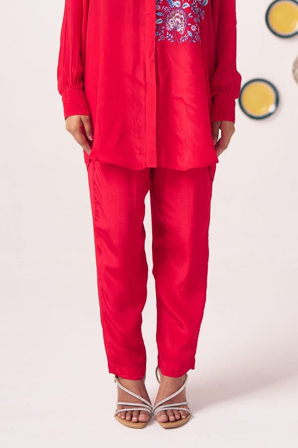 Red Viscose Crepe Straight-Leg Full-Length Trousers — Western Era