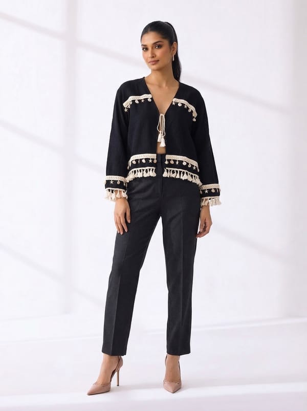 Siyah Black V-Neck Tie-Up Tassel Trim Blouse — ASPRIN FASHION