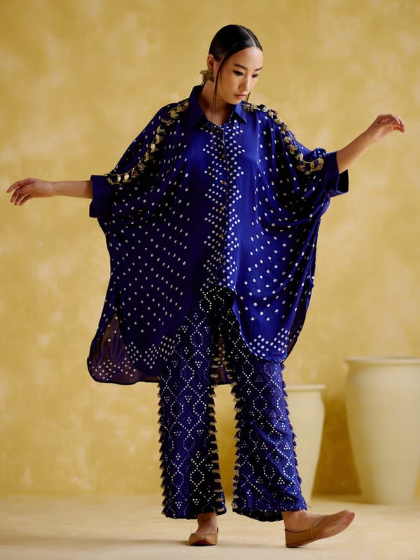 Blue Bandhani Kaftan Shirt and Flared Pant Co-ord Set — 5 Elements