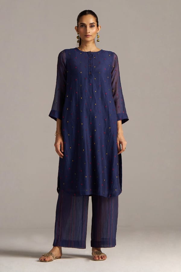 Blue Opal Embroidered Kurta and Wide-Leg Pant Co-ord Set — Ganga Fashions Pvt Ltd