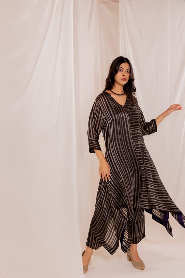 Black Metallic Striped Asymmetrical Kurta Set — Silai studio