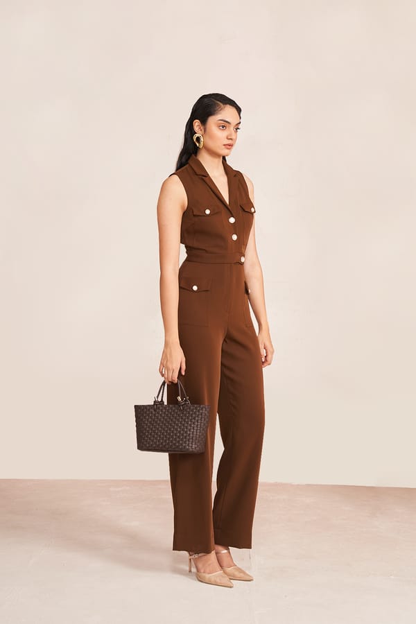 Brown Japanese Crepe Button-Front Wide-Leg Jumpsuit — NOTEBOOK