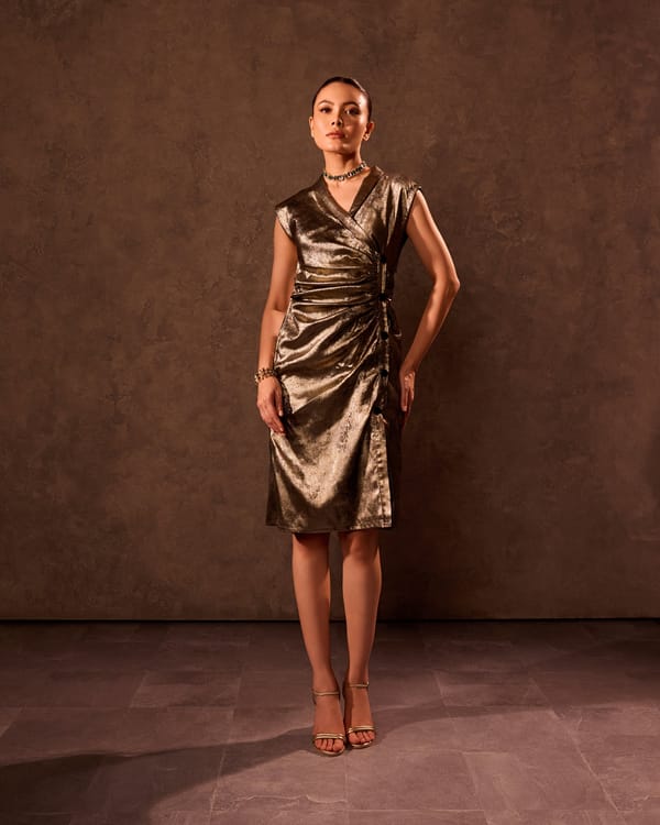 Gold Metallic Ruched Wrap Midi Dress — Tara & I